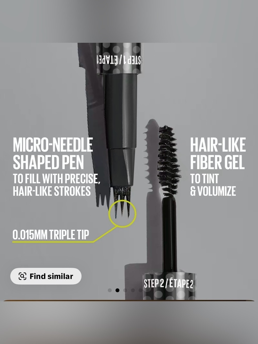 Maybelline 2 in 1 brow tool with micro needle shaped pen and hair like fiber gel